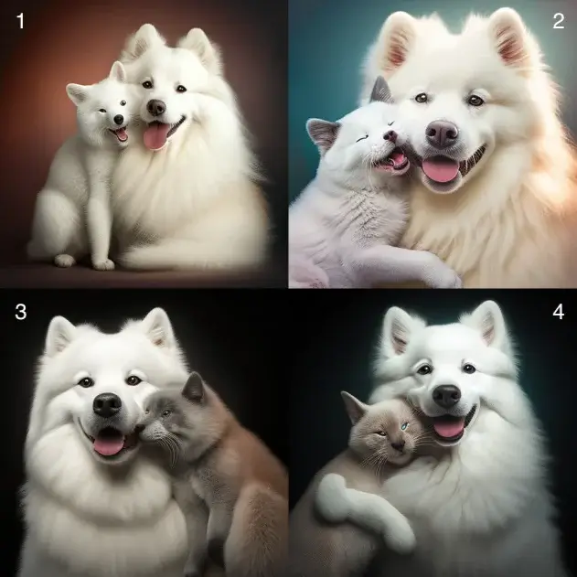 Prompt: “A photo of a Samoyed dog with its tongue out hugging a white Siamese cat.”