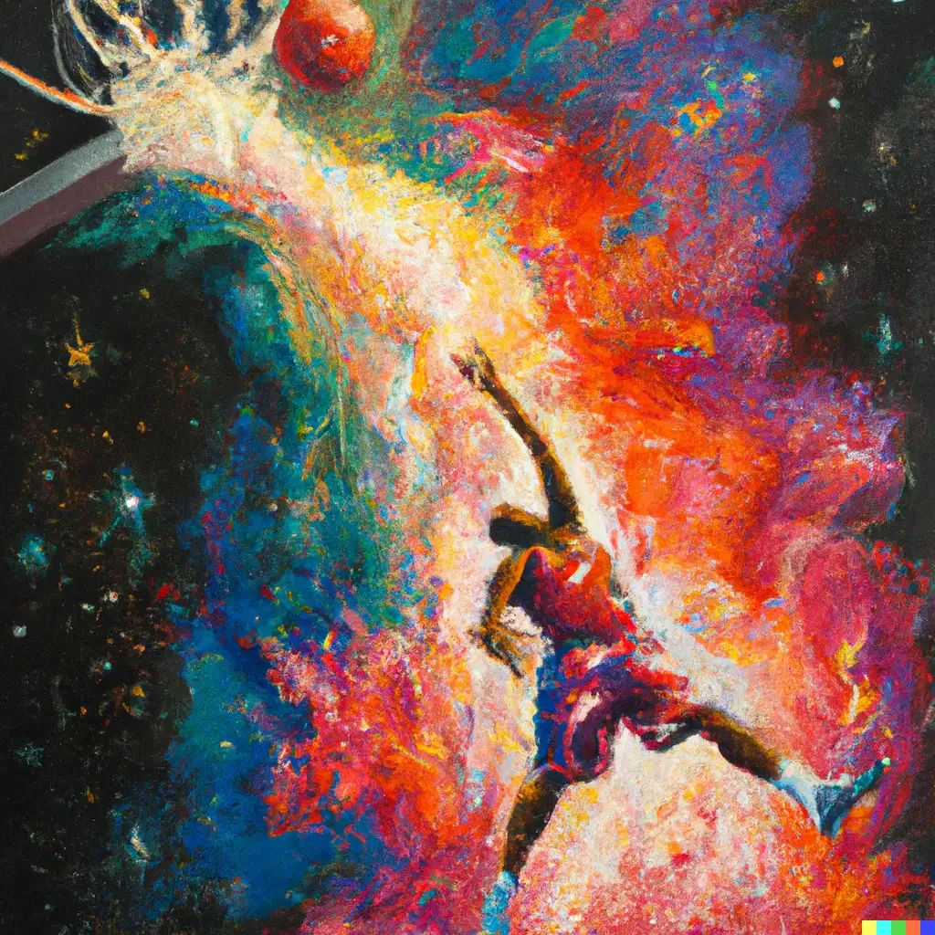 Prompt: “An expressive oil painting of a basketball player dunking, depicted as an explosion of a nebula.” 