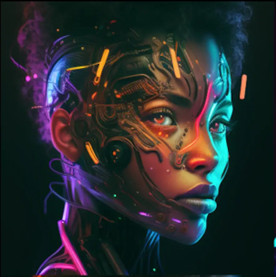 Prompt: “A futuristic neon lit cyborg face.”