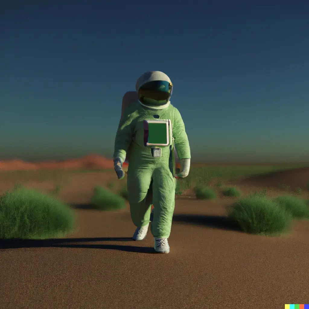 Prompt: “A 3D render of an astronaut walking in a green desert.”