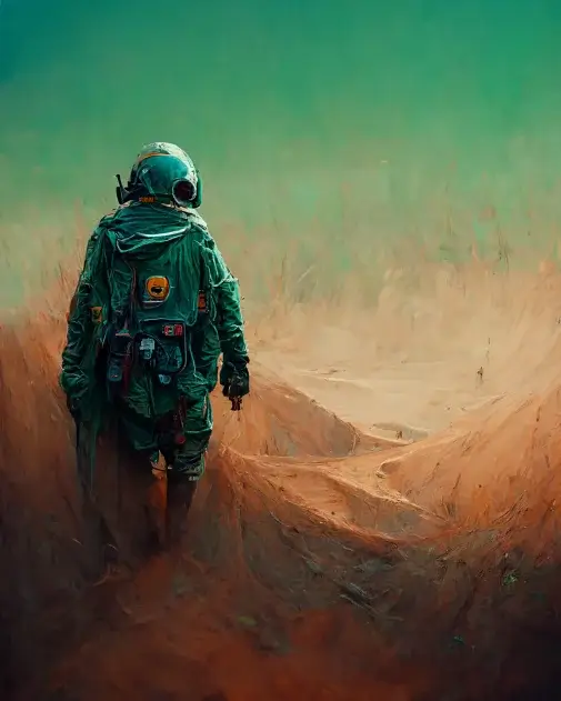 Prompt: “A 3D render of an astronaut walking in a green desert.”
