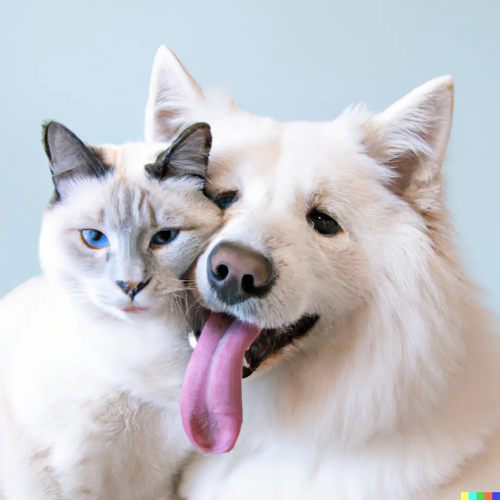 Prompt: “A photo of a Samoyed dog with its tongue out hugging a white Siamese cat.”