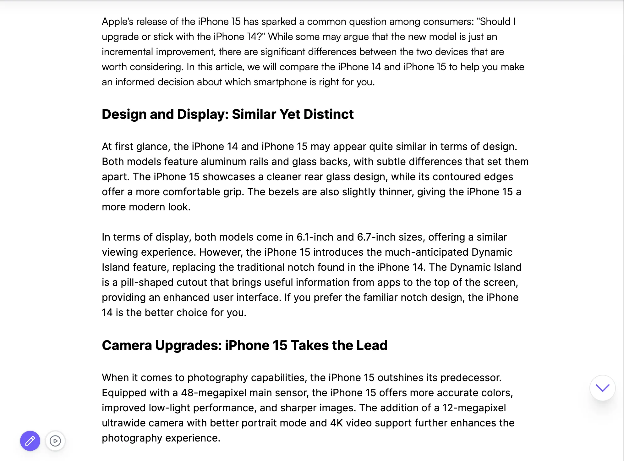 AI Article Writer Example "iPhone 14 vs iPhone 15"