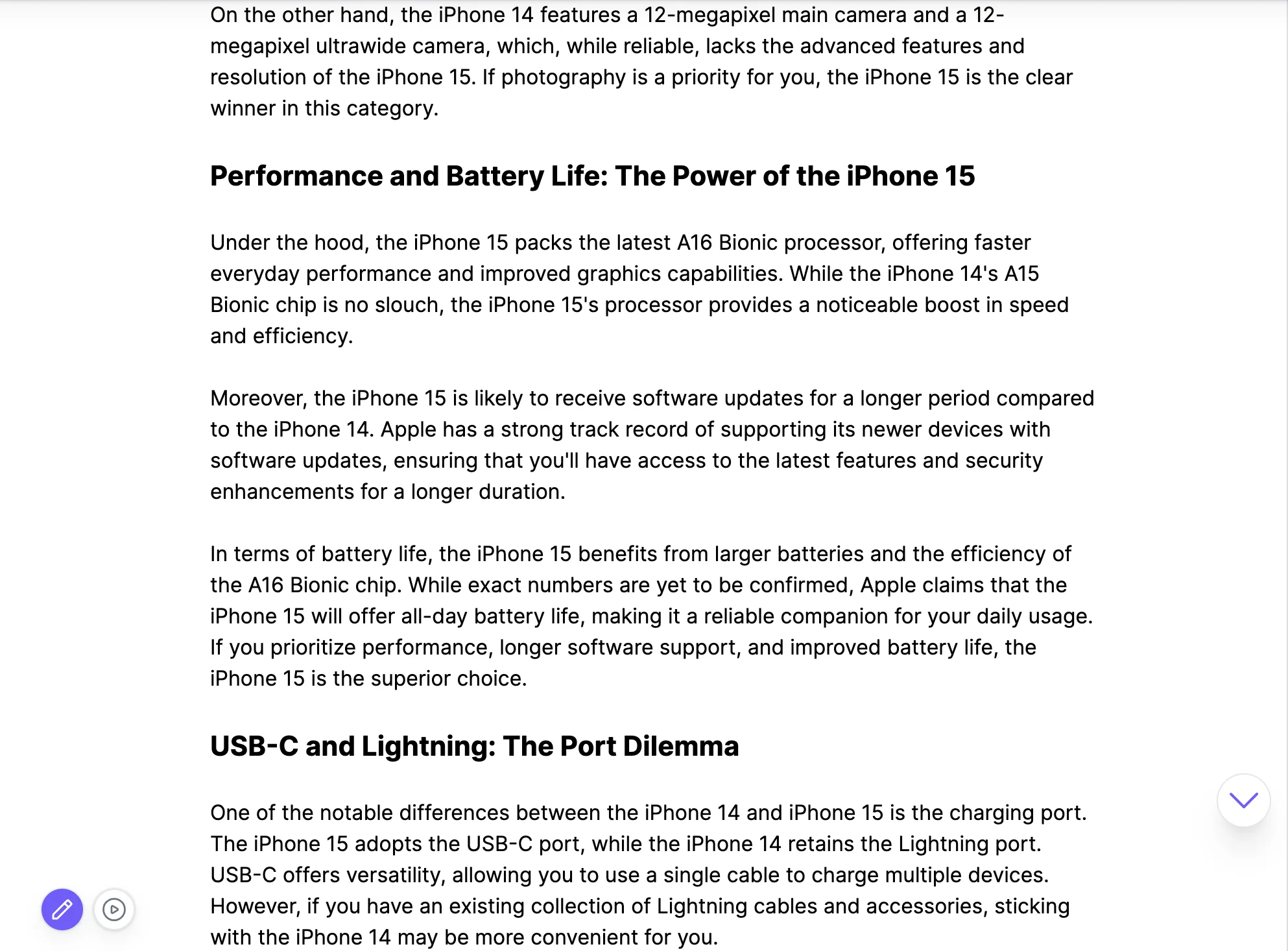 AI Article Writer Example "iPhone 14 vs iPhone 15"