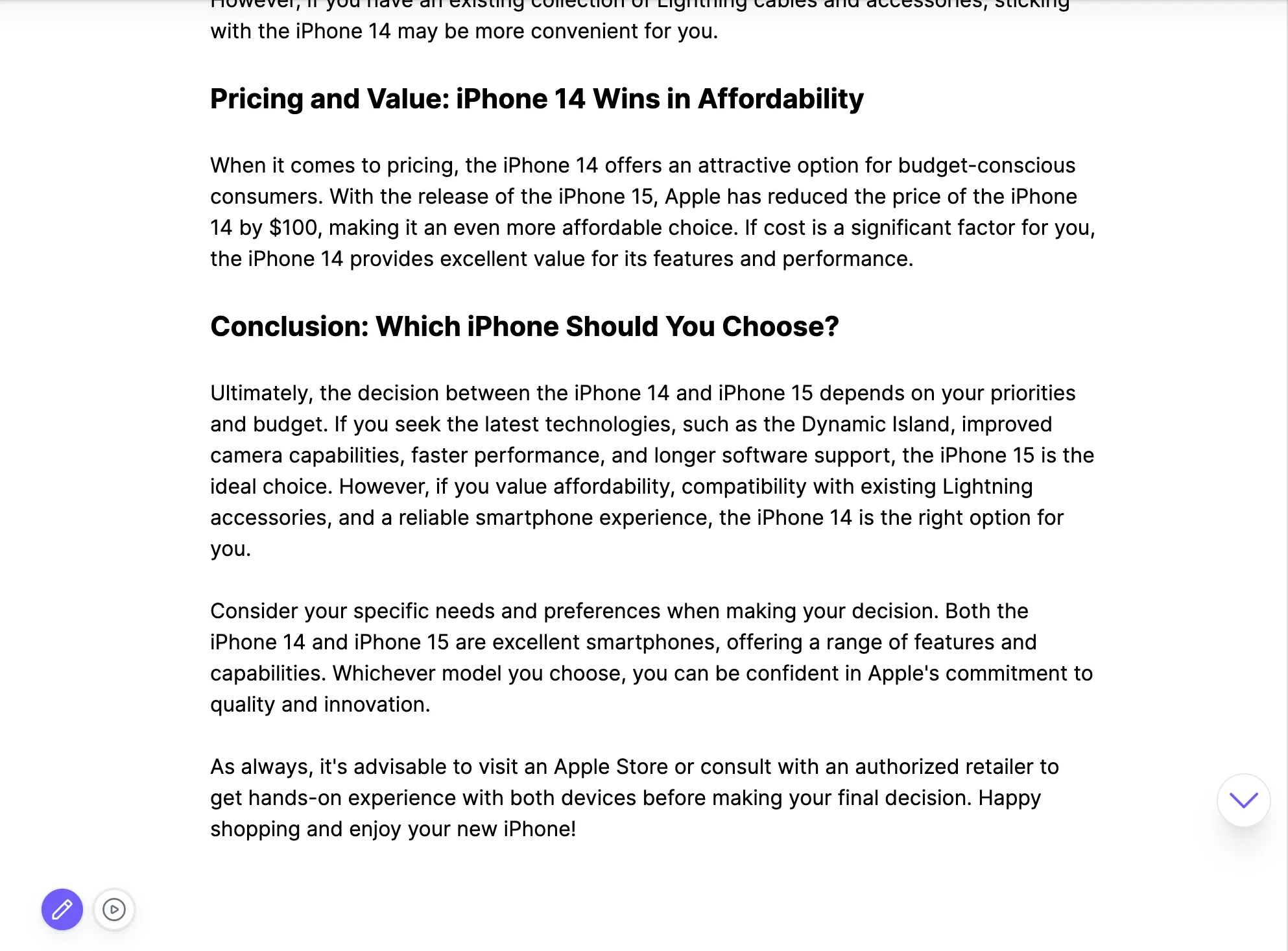 AI Article Writer Example "iPhone 14 vs iPhone 15"