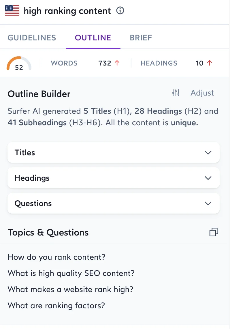 Surfer SEO content editor outline FAQ