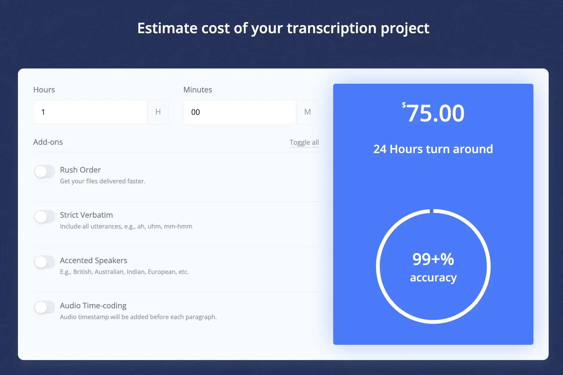 Scribie estimate cost of your transcription project